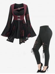 Rose Print Mesh Lace Trim Flare Sleeves 2 In 1 Top and Lace-up Floral Flocking Sheer Mesh Leggings Plus Size Outfit -  