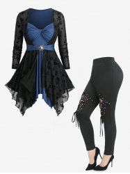 Skull Flocking Twist Panel Asymmetrical 2 In 1 Top and Lace Up Floral Sheer Mesh Leggings Plus Size Outfit -  