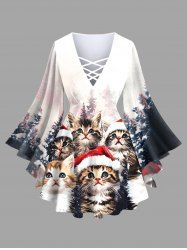 T-shirt à manches longues pour femme, motif chat et bonnet de Noël grande taille - Blanc S