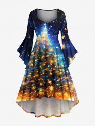 Robe grande taille à imprimé 3D pailleté et guirlande lumineuse de Noël, manches évasées froncées, coupe asymétrique. - Bleu Marine M