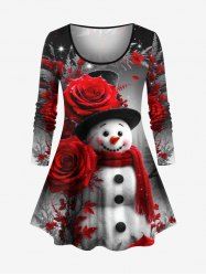 T-shirt à manches longues grande taille avec imprimé bonhomme de neige, roses et sapin de Noël - Noir 1X