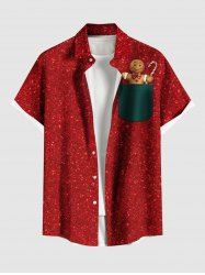 Plus Size Christmas Gingerbread Sparkling Sequin 3D Print Buttons Pocket Shirt For Men -  