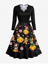 Plus Size Christmas Candy Snowflake Swnoman Bell Gingerbread Print Scalloped V Neck Dress With A Belt -  