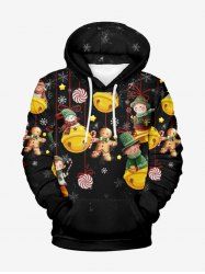 Sweat à capuche grande taille pour homme, imprimé bonbons de Noël, flocons de neige, clochettes et pain d'épice, avec cordon de serrage et poches. - Noir 4XL