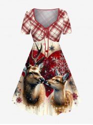 Plus Size Christmas Elk Snowflake Plaid Print Cinched A Line Dress -  