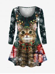 Plus Size Christmas Snowflake Gift Cat Elk Print Long Sleeves Women T-shirt -  
