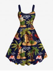 Robe trapèze hawaïenne grande taille à imprimé cocotier, bonhomme de neige, flamant rose et vagues - Bleu Marine M