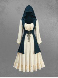 Gothic Plus Size Two Tone Textured Lace Up Hooded 2 in 1 Long Sleeves A Line Dress -  