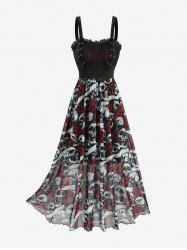 Skulls Rose Flowers Print Grommets Lace Up Ruched Ruffles Tank Dress -  