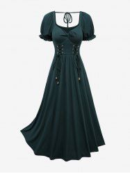 Lace Up Grommets Ruffles Ruched Puff Sleeves Textured Dress -  