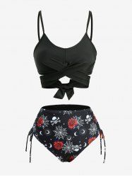 Skull Rose Flower Spider Web Moon Star Print Crisscross Tie Cinched Bottom Tankini Swimsuit - Noir S
