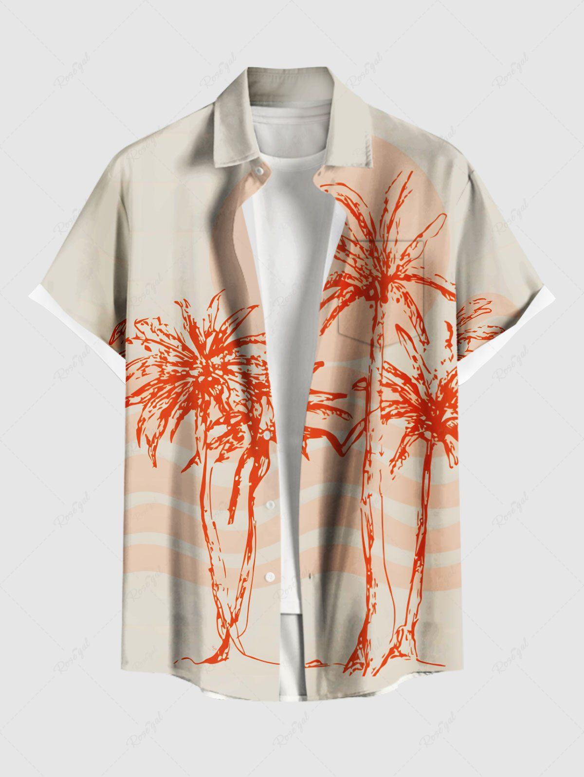 Latest Plus Size Coconut Tree Sea Waves Sun Print Hawaii Button Pocket Shirt For Men  