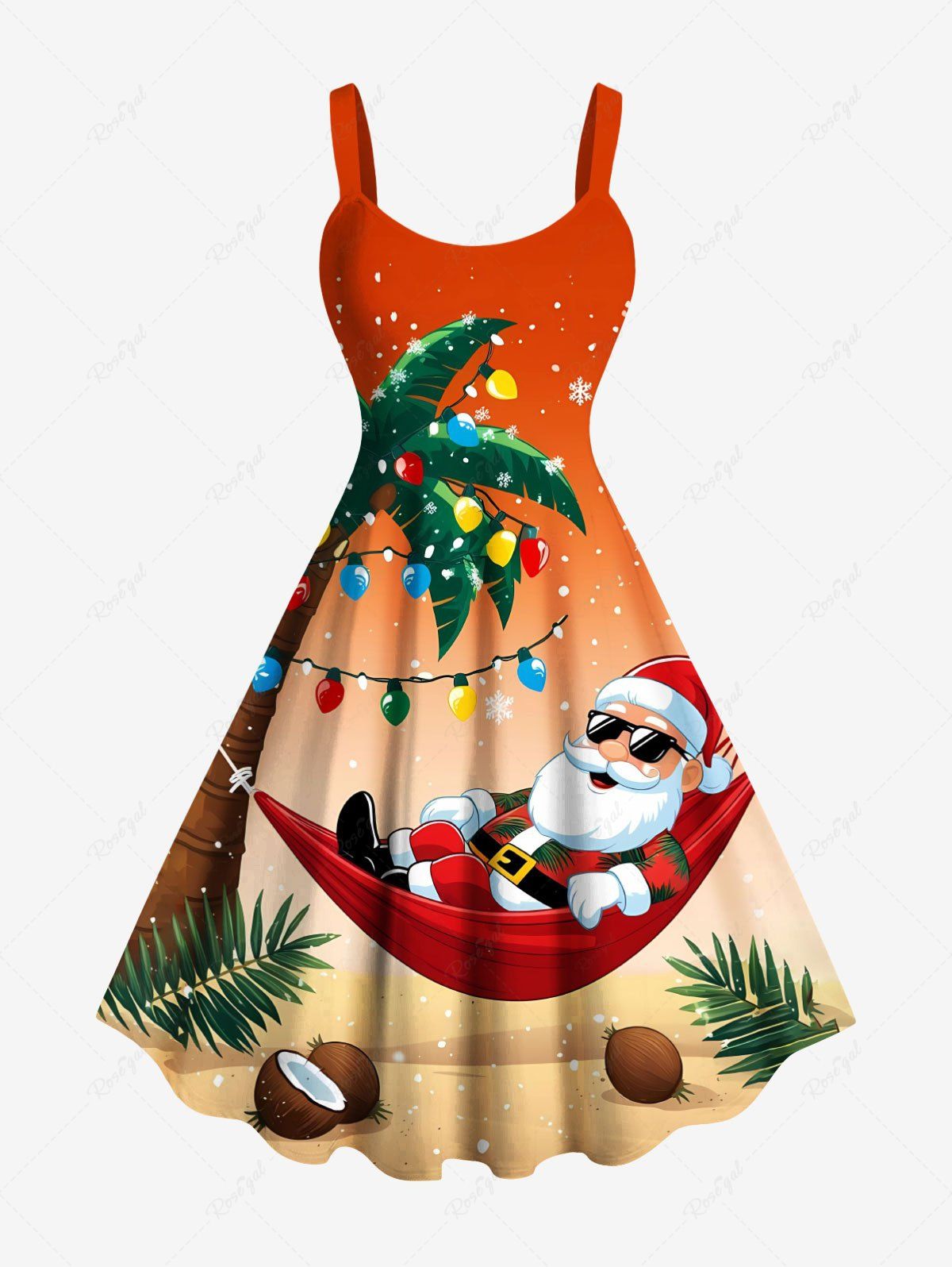 Robe trapèze grande taille à imprimé ombré, flocons de neige, Père Noël et cocotier, motif guirlande lumineuse de Noël Orange 5X