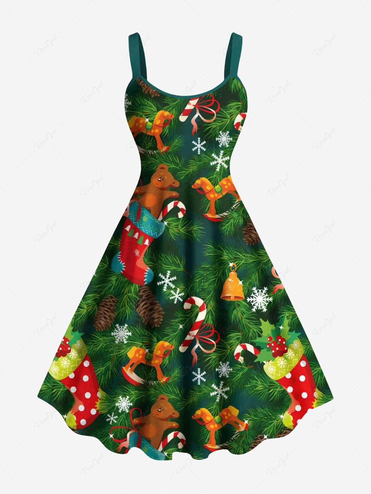 Robe débardeur grande taille imprimée chaussette de Noël, ourson, bonbons et flocons de neige Vert 1X