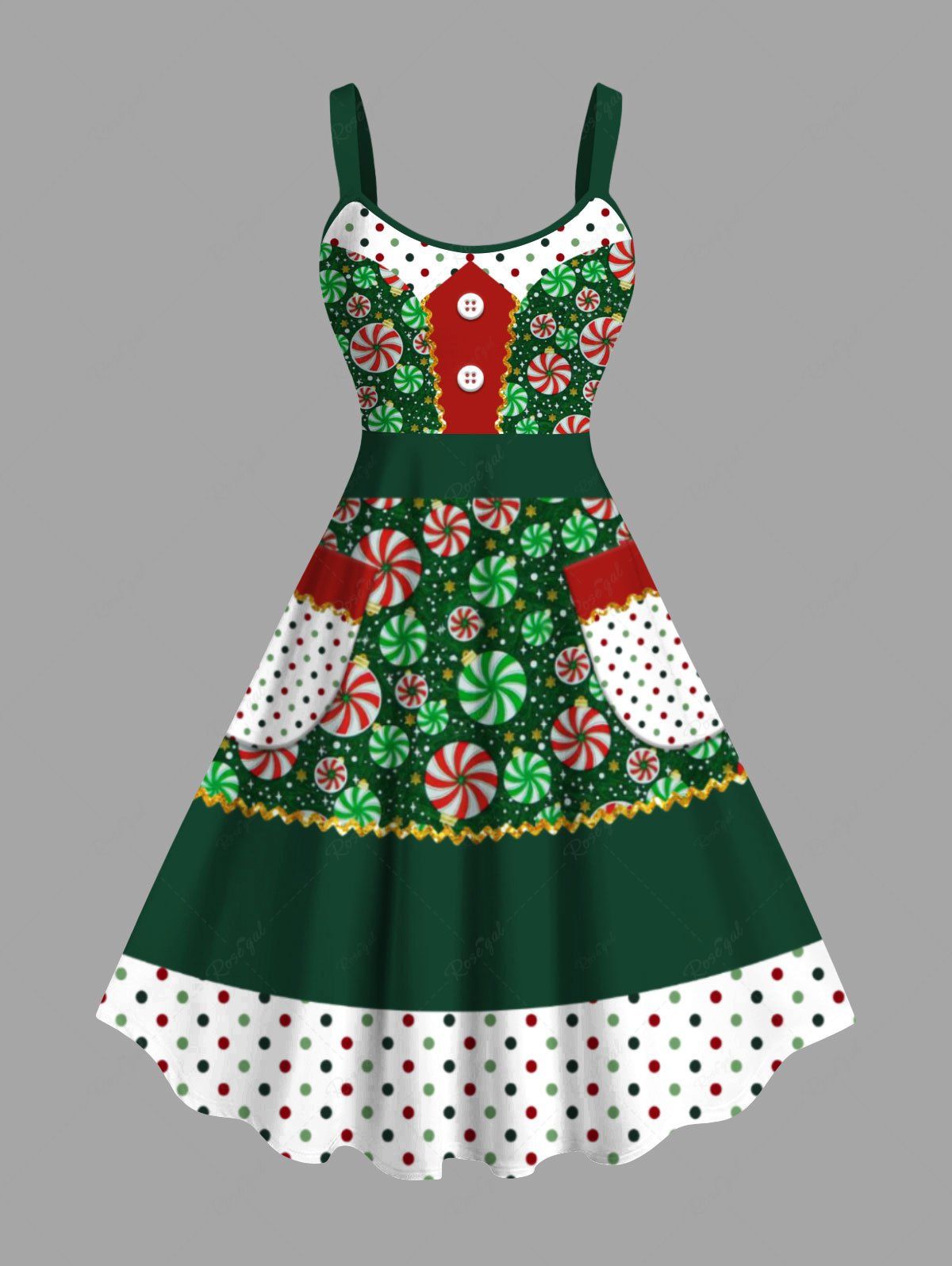 Robe débardeur à pois et boutons de Noël grande taille avec poches Vert 6X