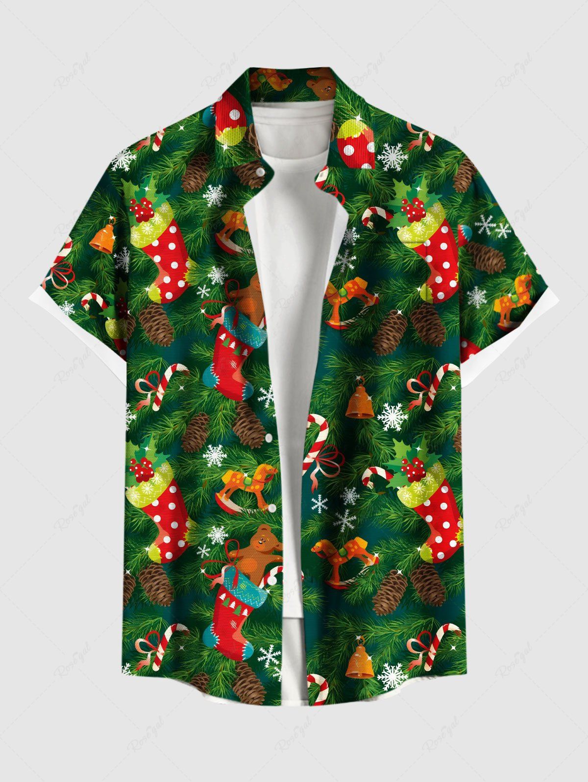 Chemise à poches pour homme, grande taille, motif chaussette de Noël, ours en peluche, bonbons et flocons de neige, avec boutons. Vert S