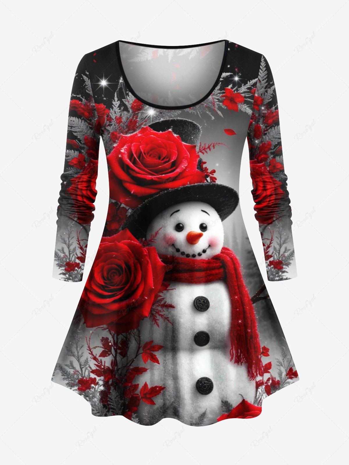 T-shirt à manches longues grande taille avec imprimé bonhomme de neige, roses et sapin de Noël Noir XS