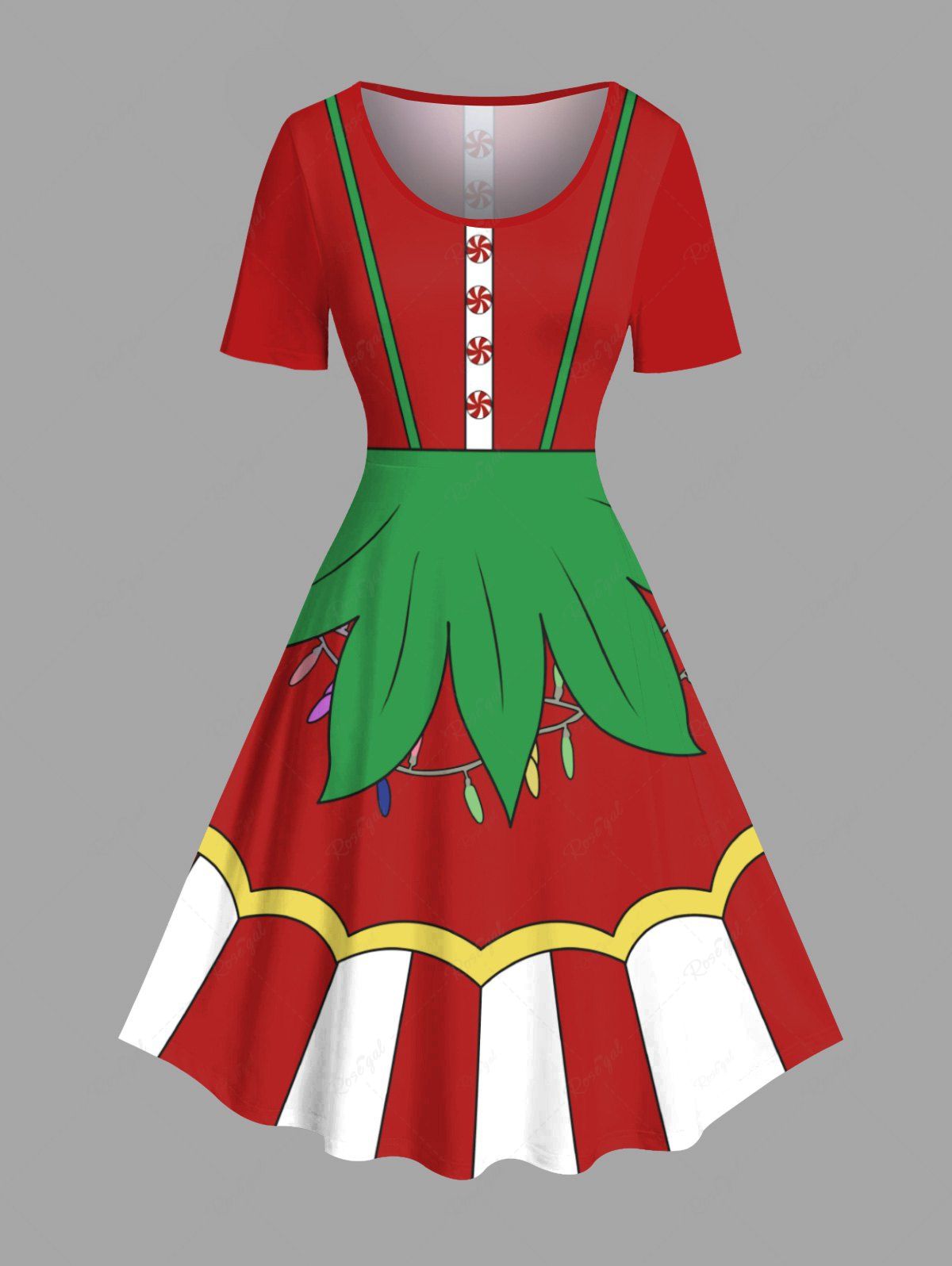 Best Plus Size Christmas Light Elf Candy Print Vintage Dress  