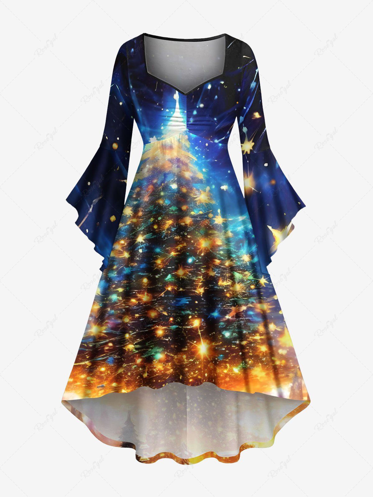 Robe grande taille à imprimé 3D pailleté et guirlande lumineuse de Noël, manches évasées froncées, coupe asymétrique. Bleu Marine XXS