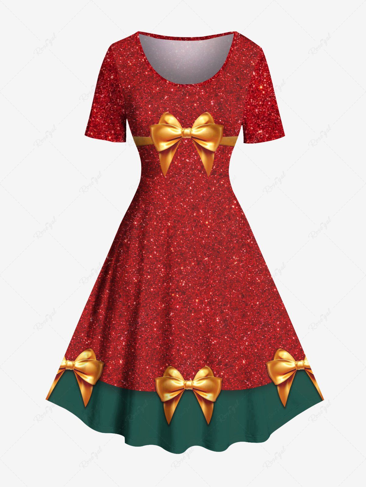 Fashion Plus Size Christmas Bowknot Colorblock Sparkling Sequin 3D Print Vintage Dress  