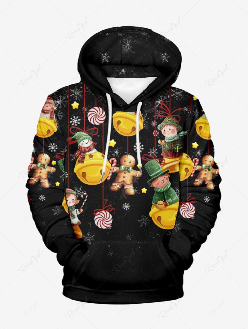 Fancy Plus Size Christmas Candy Snowflake Swnoman Bell Gingerbread Print Drawstring Pockets Hoodie For Men  