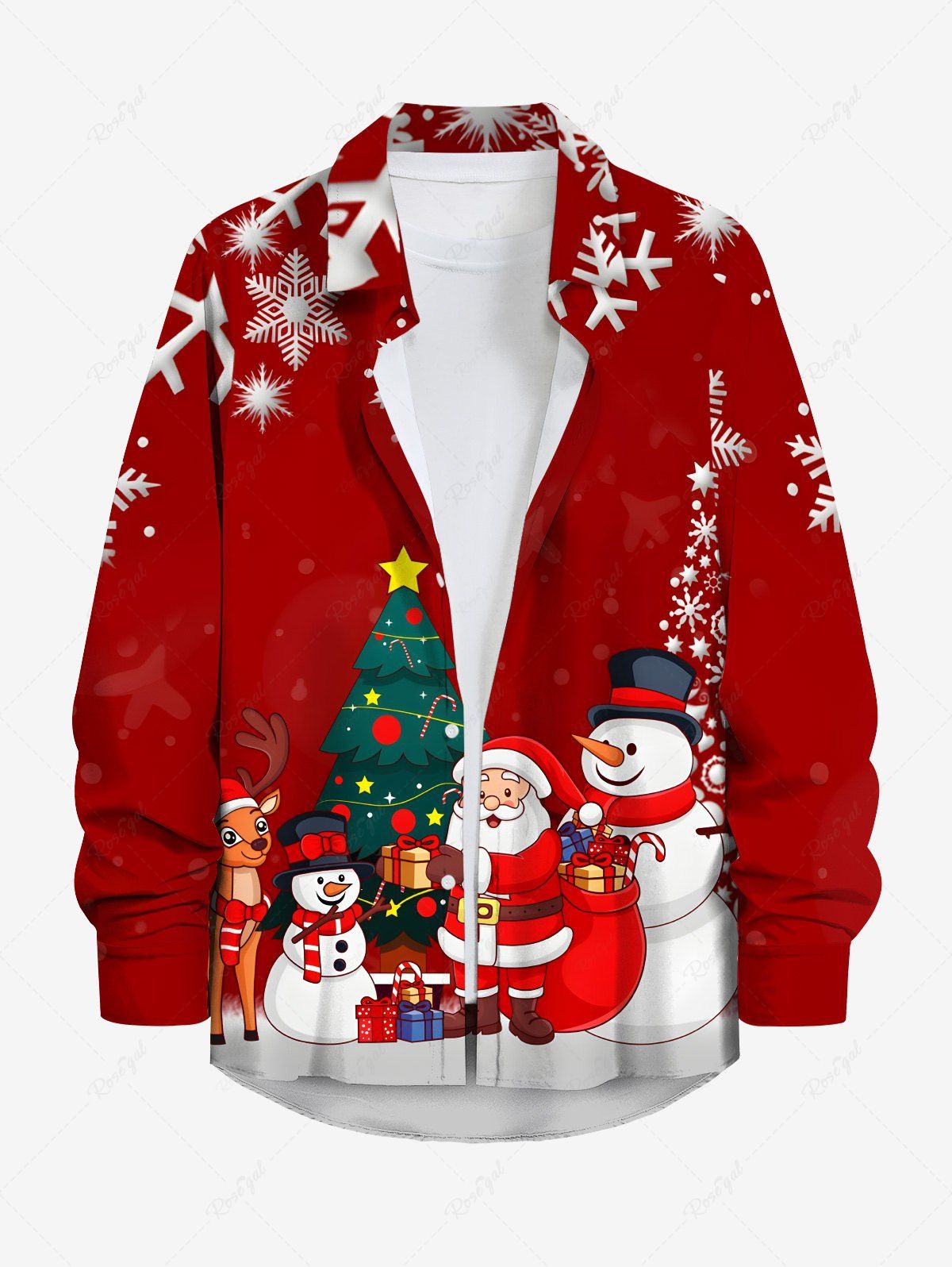 Best Plus Size Christmas Tree Snowflake Snowman Santa Claus Elk Print Buttons Pocket Shirt For Men  
