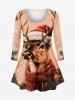 Christmas Snowflake Elk Hat Print Long Sleeves Women T-shirt and Leggings Plus Size Matching Set -  