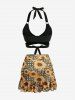 Sunflowers Plaid Print Crisscross Halter Tie Bowknot Cinched Ruffles Skirted 3 Piece Tankini Swimsuit -  