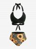 Sunflowers Plaid Print Crisscross Halter Tie Bowknot Cinched Ruffles Skirted 3 Piece Tankini Swimsuit -  