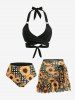 Sunflowers Plaid Print Crisscross Halter Tie Bowknot Cinched Ruffles Skirted 3 Piece Tankini Swimsuit -  