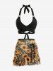 Sunflowers Plaid Print Crisscross Halter Tie Bowknot Cinched Ruffles Skirted 3 Piece Tankini Swimsuit -  
