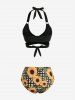 Sunflowers Plaid Print Crisscross Halter Tie Bowknot Cinched Ruffles Skirted 3 Piece Tankini Swimsuit -  