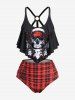 Skull Rose Flower Poker Plaid Print Ruched Bottom Tankini Swimsuit -  