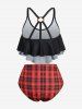 Skull Rose Flower Poker Plaid Print Ruched Bottom Tankini Swimsuit -  