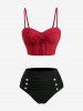 Lace Up Bowknot Tie Ruched Buttons Bottom Tankini Swimsuit -  