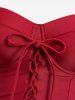 Lace Up Bowknot Tie Ruched Buttons Bottom Tankini Swimsuit -  