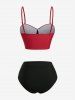 Lace Up Bowknot Tie Ruched Buttons Bottom Tankini Swimsuit -  