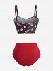 Skulls Heart Stars Print Ruched Bowknot Tankini Swimsuit -  