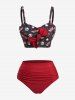 Skulls Heart Stars Print Ruched Bowknot Tankini Swimsuit -  