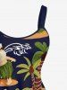 Robe trapèze hawaïenne grande taille à imprimé cocotier, bonhomme de neige, flamant rose et vagues - Bleu Marine M