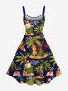 Robe trapèze hawaïenne grande taille à imprimé cocotier, bonhomme de neige, flamant rose et vagues - Bleu Marine M