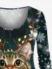 T-shirt à manches longues grande taille pour femme, motif flocons de neige, chat et élan, cadeau de Noël - Noir 2X