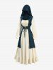 Gothic Plus Size Two Tone Textured Lace Up Hooded 2 in 1 Long Sleeves A Line Dress -  