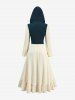 Gothic Plus Size Two Tone Textured Lace Up Hooded 2 in 1 Long Sleeves A Line Dress -  