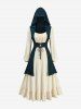 Gothic Plus Size Two Tone Textured Lace Up Hooded 2 in 1 Long Sleeves A Line Dress -  