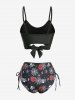 Skull Rose Flower Spider Web Moon Star Print Crisscross Tie Cinched Bottom Tankini Swimsuit -  