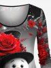 T-shirt à manches longues grande taille avec imprimé bonhomme de neige, roses et sapin de Noël - Noir XS