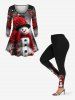 Leggings grande taille à imprimé Noël bonhomme de neige, roses et sapin - Noir XS