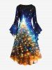 Robe grande taille à imprimé 3D pailleté et guirlande lumineuse de Noël, manches évasées froncées, coupe asymétrique. - Bleu Marine XXS