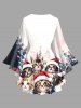 Plus Size Christmas Tree Hat Cat Print Lattice Long Sleeves Women T-shirt -  